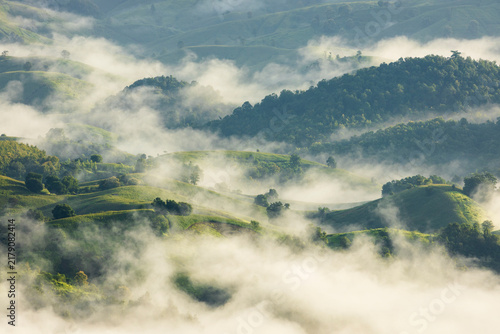 Landscape of Morning Mist with Mountain Layer. mountain ridge and clouds in rural jungle bush forest