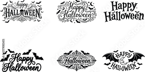 Black and white happy Halloween typography and design elements