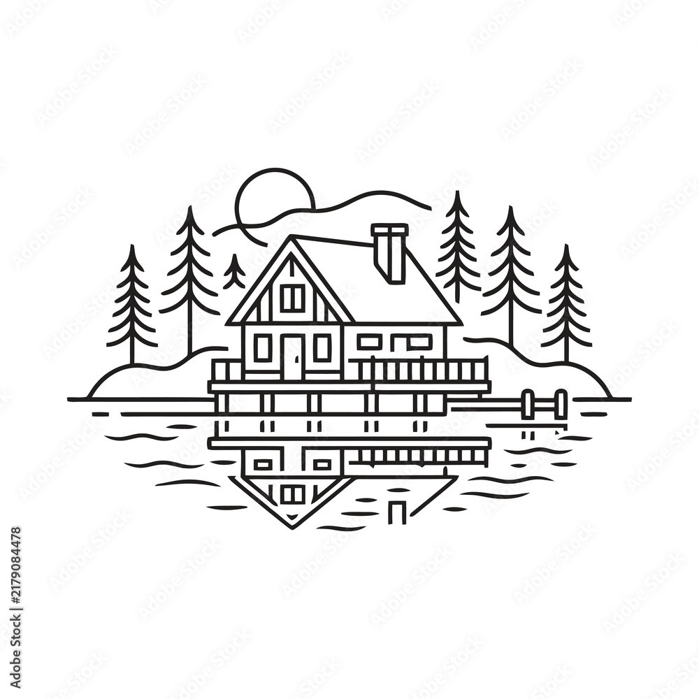 Obraz premium Minimalist Line Art A-Frame Cabin Lake Mountain Reflection