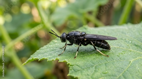 Black Soldier Fly Perched on Green Leaf Surface in Garden