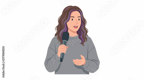 Caucasian Female Podcaster Holding Black Microphone Audio Network