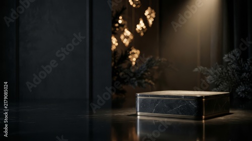 A dark marble pedestal stands on a reflective surface in a moody room