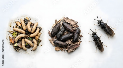 Life Cycle Stages of Black Soldier Fly Including Larvae Pupae and Adult Fly Isolated on White Background
