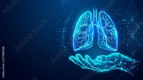 Futuristic digital lungs held by glowing wireframe hand, blue holographic human respiratory system, medical technology concept