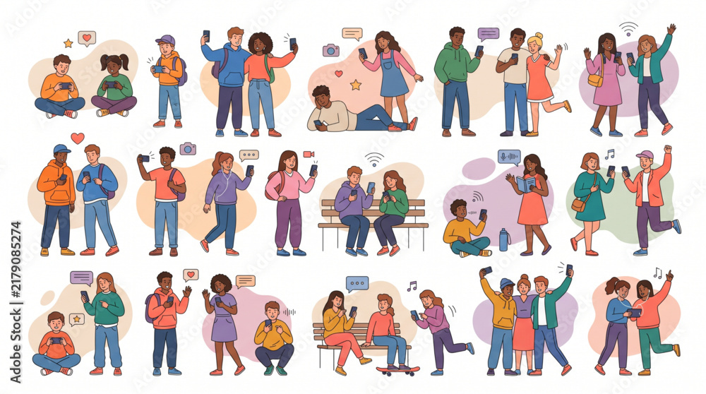 Fototapeta premium Diverse group of young people and teenagers using smartphones set. Characters chatting, taking selfies, playing mobile games, and listening to music. Flat vector illustrations collection.