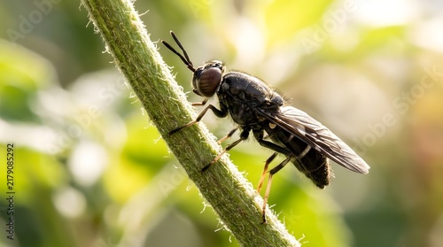 Black Soldier Fly Climbing Up Plant Stem in Sunlit Garden