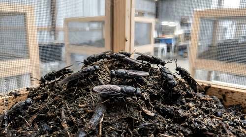 Group of Black Soldier Flies Swarming on Organic Compost inside Mating Mesh Cage