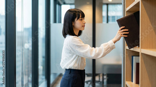Fototapeta オフィスの本棚にファイルを収納する日本人ビジネスウーマン
