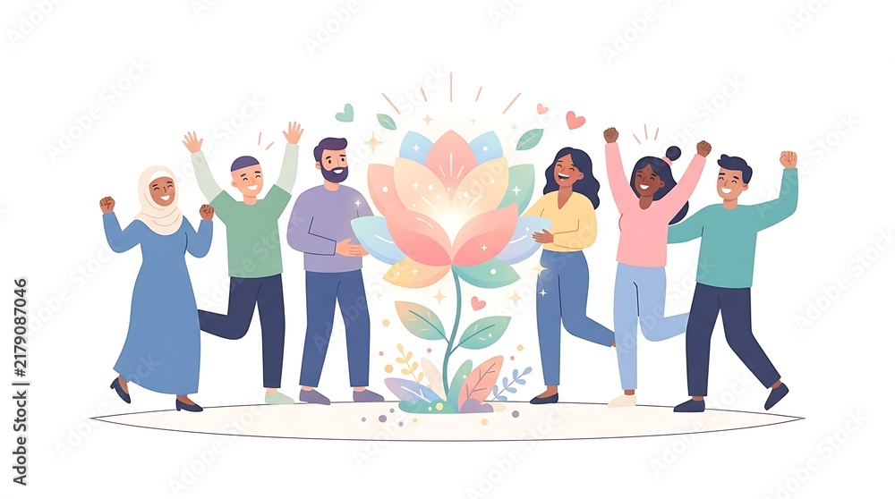Obraz premium Group of happy people jumping and cheering around a large glowing flower illustration with diverse group smiling jumping raised hands