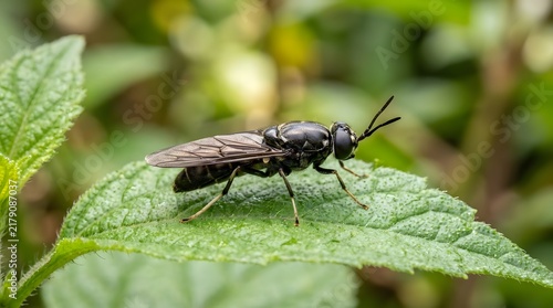 Macro Shot of Adult Black Soldier Fly Resting on Fresh Green Leaf in Nature