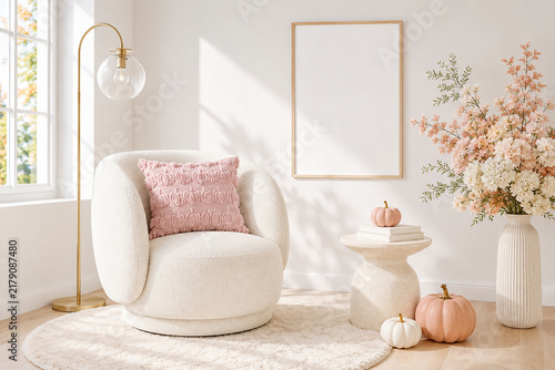 Mockup frame A4 in autumn interior and plush pillow