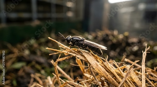 Black Soldier Fly Sitting on Dry Straw at Organic Insect Breeding Farm Facility