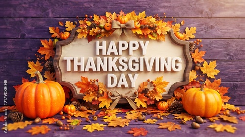 Happy thanksgiving day text sign surrounded by autumn leaves and pumpkins on wooden background