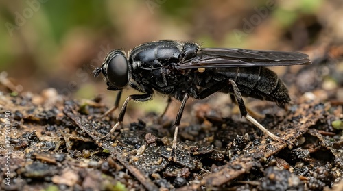 Extreme Close Up Profile View of Adult Black Soldier Fly on Moist Soil Ground
