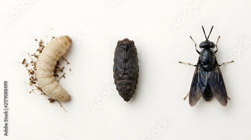 Black Soldier Fly Life Cycle Stages Isolated on White Background Hermetia Illucens Larva Pupa and Adult Insect