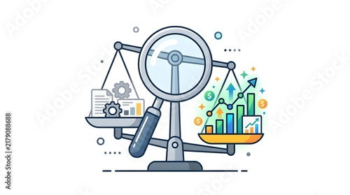 Magnifying Glass Balance Scale Weighing Business Process and Profit Growth