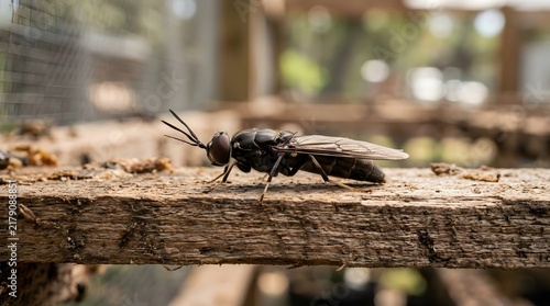 Side Profile of Adult Black Soldier Fly Standing on Wooden Beam in Breeding Farm