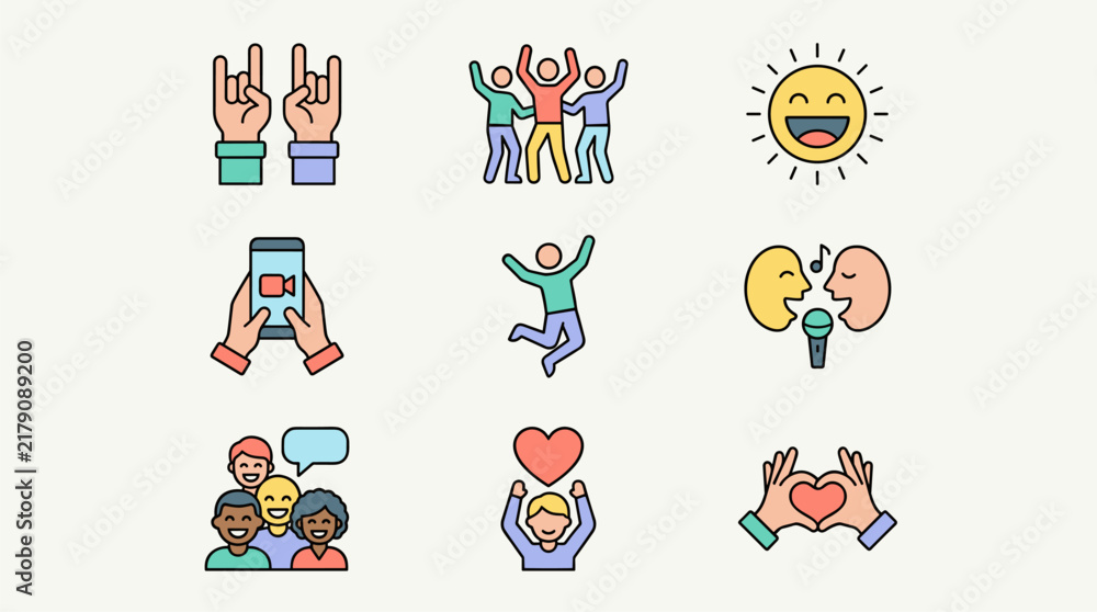 Fototapeta premium Flat design icon set with diverse people celebrating, singing, and showing affection on a light background
