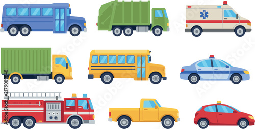 City service vehicles vector set featuring red fire engine emergency ambulance police sedan garbage truck school buses and commercial delivery trucks isolated on white background.