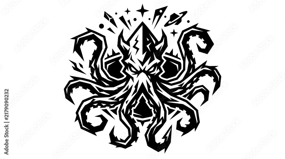 Fototapeta premium Monstrous Kraken Octopus Creature Icon, Stylized Nautical Fantasy Art