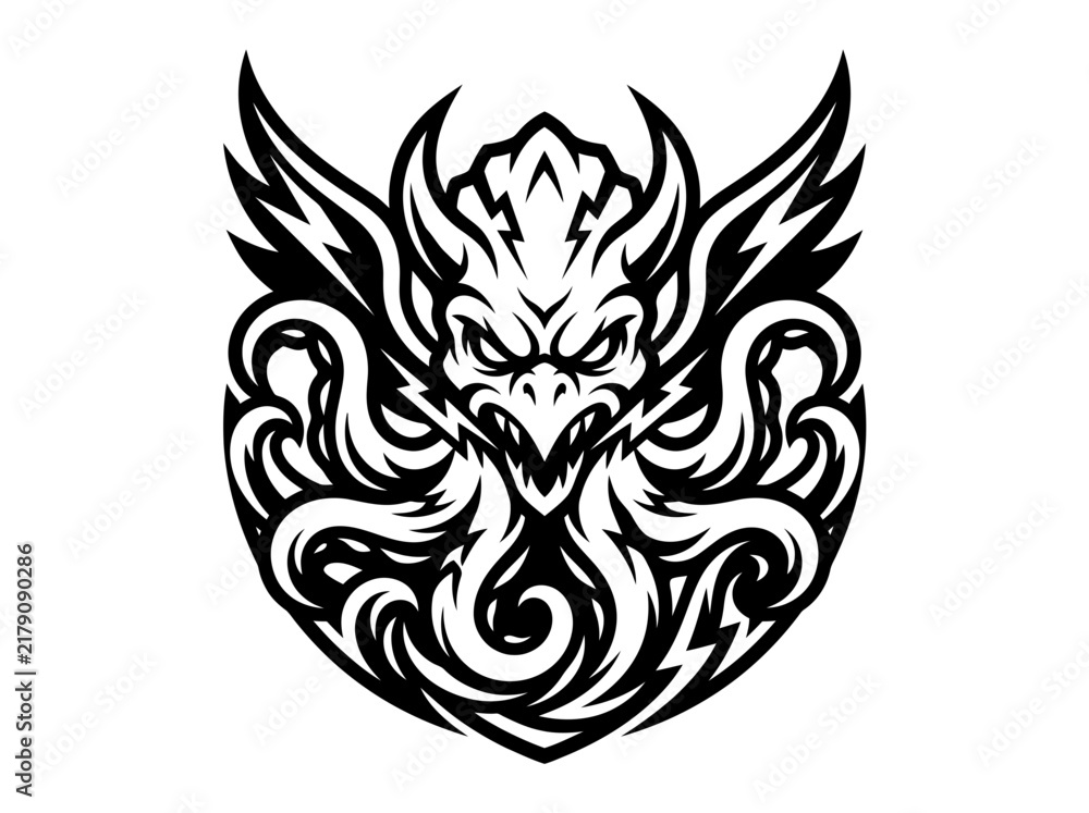 Fototapeta premium Mythical Creature Mascot Logo, Fierce Griffin Emblem, Black and White Icon