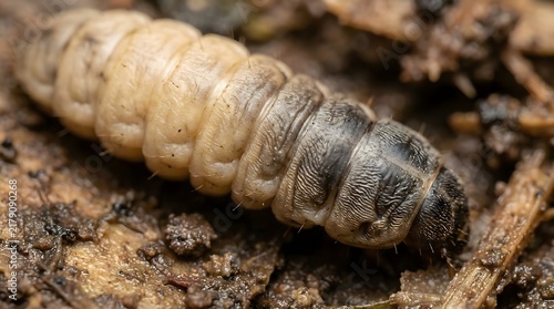 Black Soldier Fly Larva Maggot Hermetia illucens on Soil Ground Extreme Close Up Macro