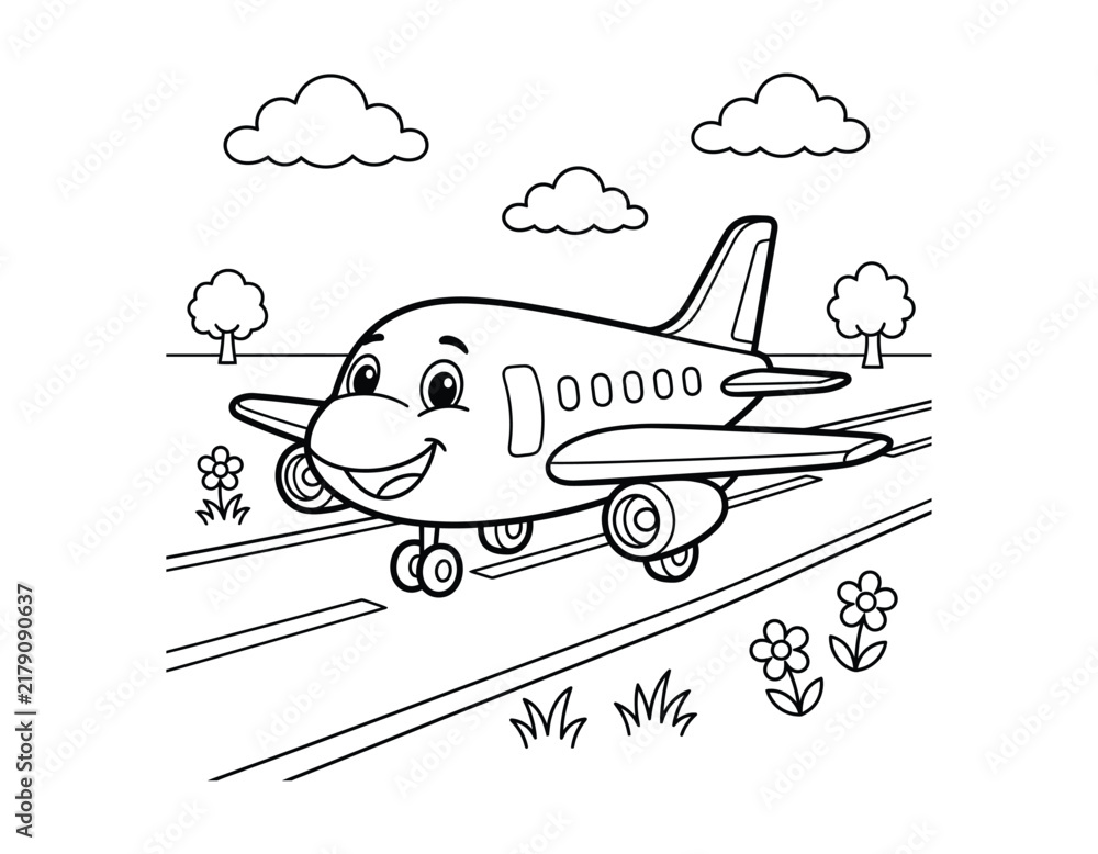 Obraz premium Friendly passenger airplane coloring page vector illustration on runway with airplane aircraft airliner aviation