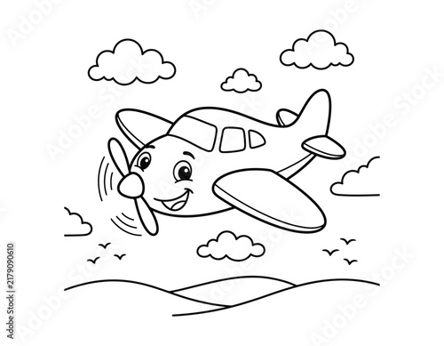 Cute airplane flying above hills and clouds coloring page for children with airplane landscape aviation aircraft