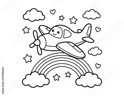 Cute airplane flying over a rainbow with stars and clouds coloring book page airplane aviation aircraft transport