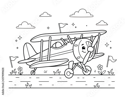 Cute biplane coloring book page vector illustration with clouds and grass airplane aircraft aviation propeller