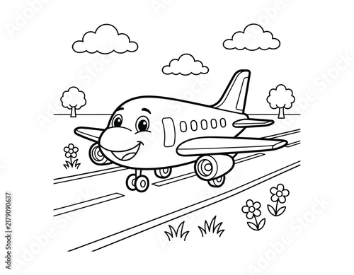 Friendly passenger airplane coloring page vector illustration on runway with airplane aircraft airliner aviation