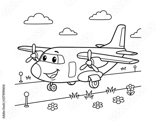 Happy cargo airplane taxiing on runway vector coloring illustration with airplane aircraft transport aviation