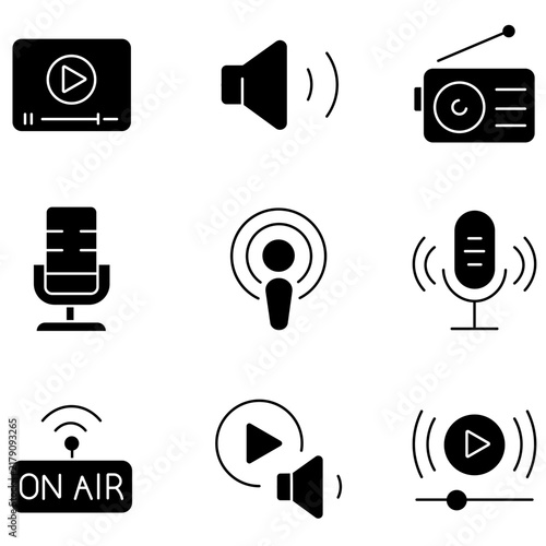 Minimalist podcast icon set, black solid multimedia symbols, 9 professional broadcasting and audio streaming vector icons