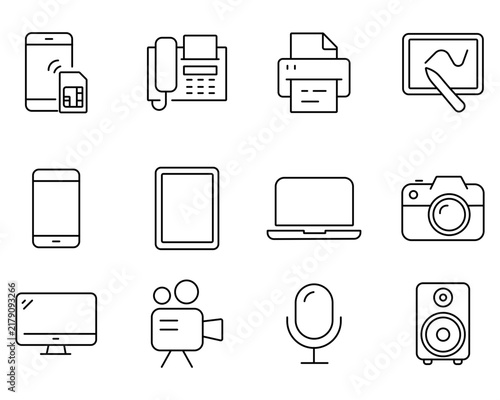 Minimalist technology line icons, set of 12 electronic device symbols, modern digital hardware vector illustrations for web design