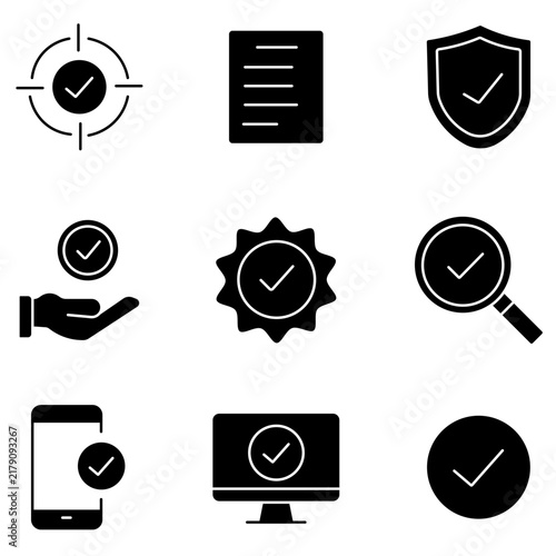 Minimalist check mark icon set, black solid verification symbols, 9 quality assurance vector elements for business apps