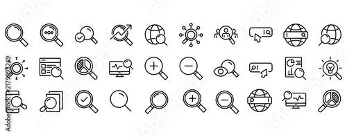 Minimalist search icon set, 30 magnifying glass line icons for web and app UI, professional data analysis and discovery symbols
