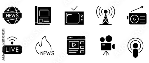 Mass media icon set, black glyph communication symbols, news and broadcasting vector elements for journalism