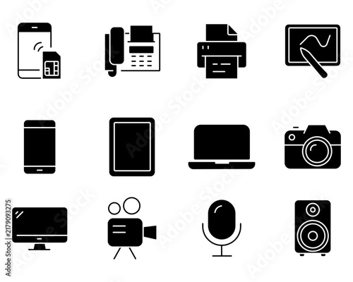 Minimalist digital technology icons, 12 black solid electronic device symbols, modern office hardware vector set for UI design