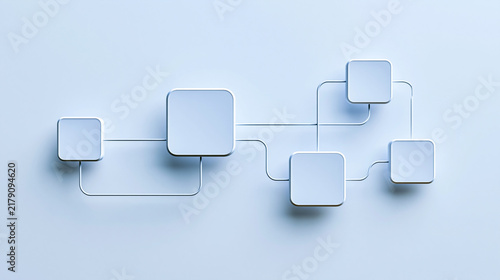 A minimalist 3D flowchart with six interconnected square nodes on a light blue background, illustrating process or network relationships.