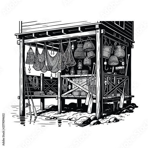 Fishing gear storage under a coastal stilt house, nautical equipment and nets illustration.
