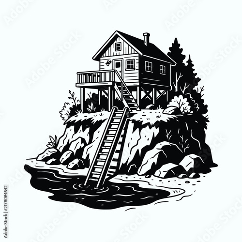 Black and white illustration of a wooden cabin on a cliff with a ladder to the water