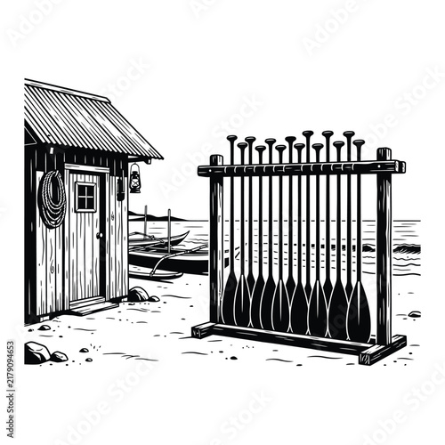 Wooden canoe paddles stored on a rack outside a beach shed in a black and white illustration.