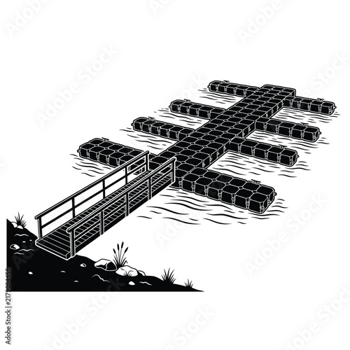 Floating dock connected to shore with wooden walkway bridge for boat mooring and marina access