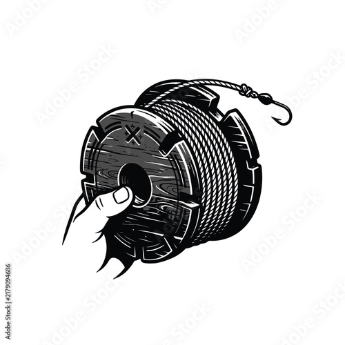 Hand holding a traditional wooden fishing line spool with hook and cord illustration.