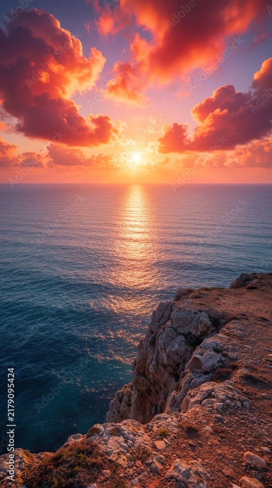 Fototapeta premium Dramatic sunset over calm ocean viewed from rugged cliff edge. Vibrant orange clouds fill sky above sea water. Golden sunlight reflects on waves during evening. Scenic coastal landscape with rocky