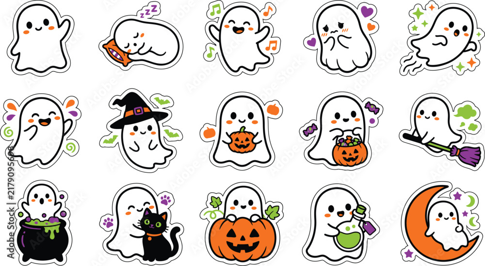 Fototapeta premium Cute ghost stickers for Halloween party decoration
