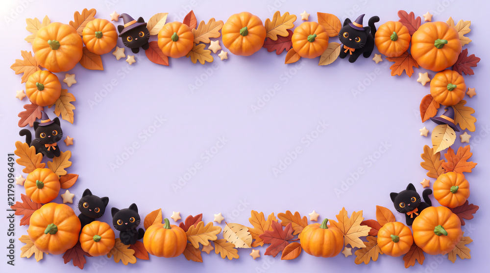 Obraz premium Festive halloween border made of small pumpkins and black cat figurines on a light purple background