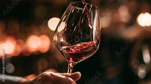Hand, person and swirl red wine for taste testing, quality control and sensory ritual in glass. Customer, inspection and alcohol for aroma, balance flavour and evaluation process and event with bokeh