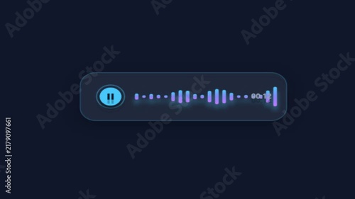 Audio waveform sound wave player interface with pause button and glowing purple bars against a dark background motion graphic loop