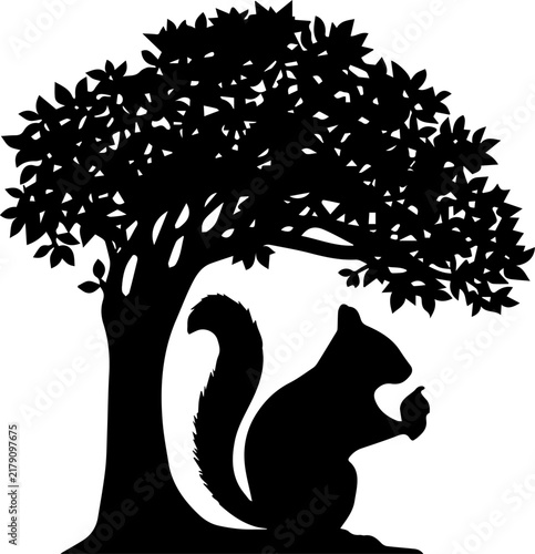 Black Silhouette of a Squirrel Holding an Acorn Under a Leafy Tree Isolated on White Background Vector Illustration